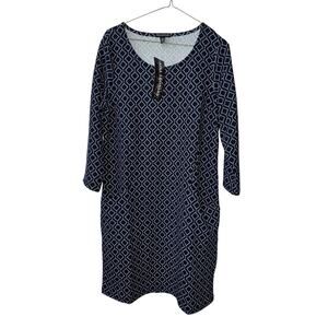 Nina Leonard Large Navy Ivory Geometric Print 3/4 Sleeve Dress Pockets Career